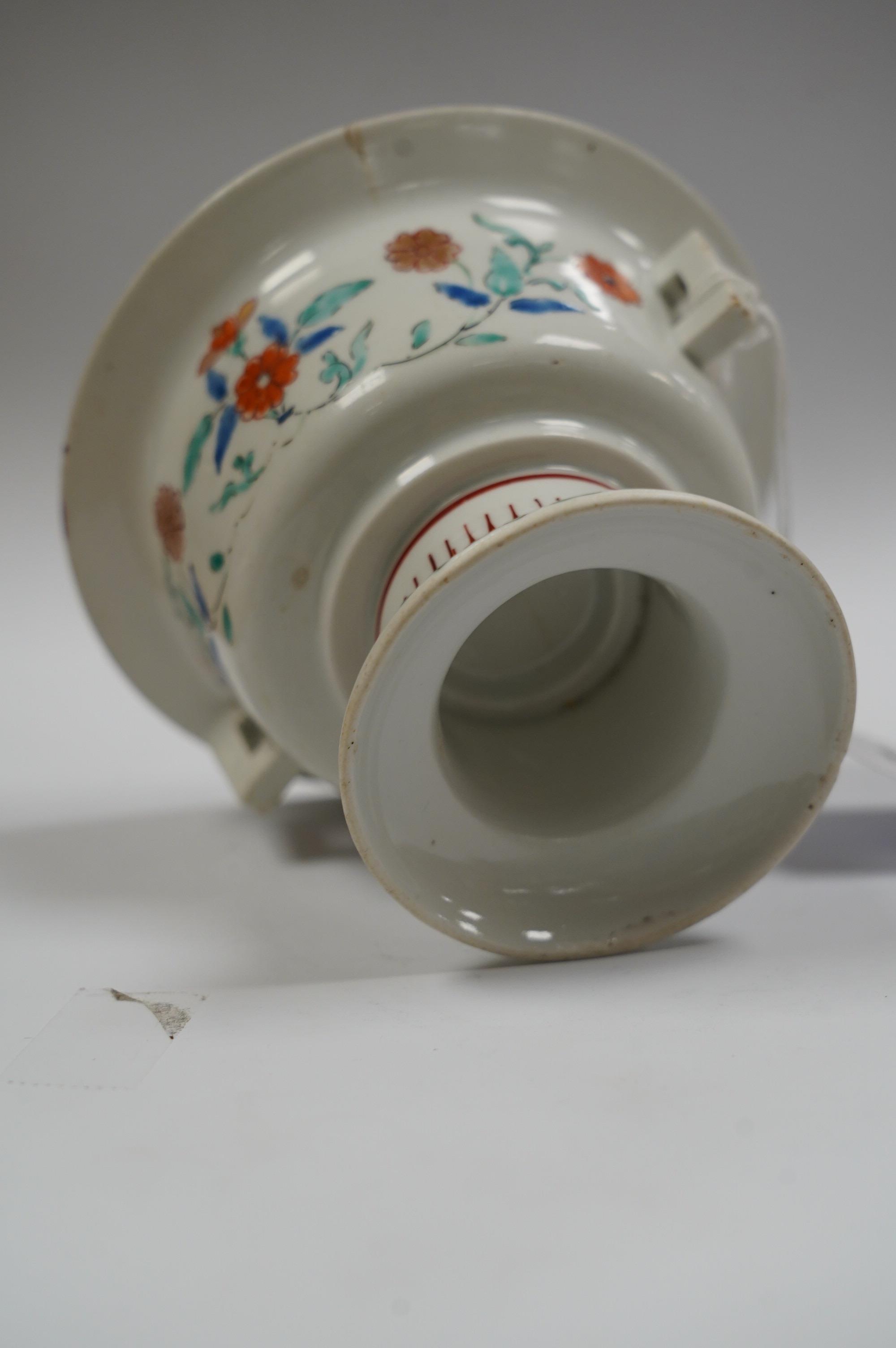 A Japanese Kakiemon stem bowl, lacking cover, late 17th century, 9cm. Condition - poor to fair